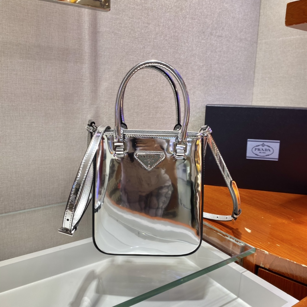 Pra*a small brushed leather tote silver 1ba331 15 x 17.5 x 5 cm