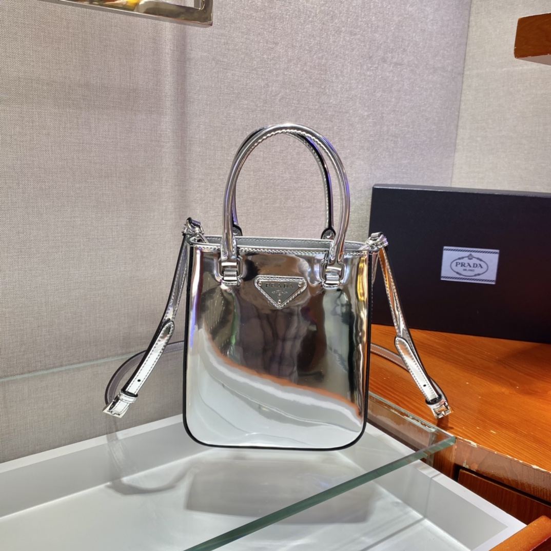 Pra*a small brushed leather tote silver 1ba331 15 x 17.5 x 5 cm