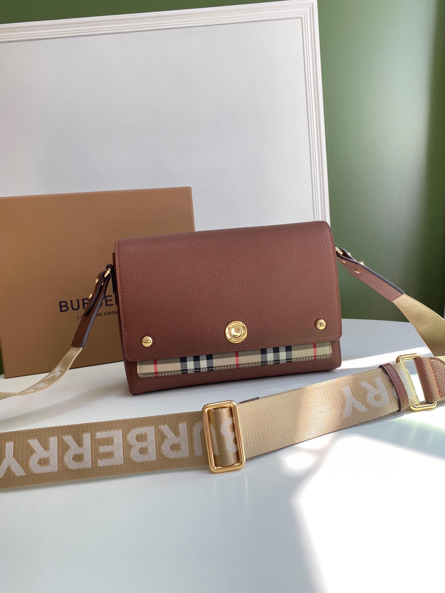 Bv*b*rry leather and vintage check note crossbody bag tan 25 x 8.5 x 18cm