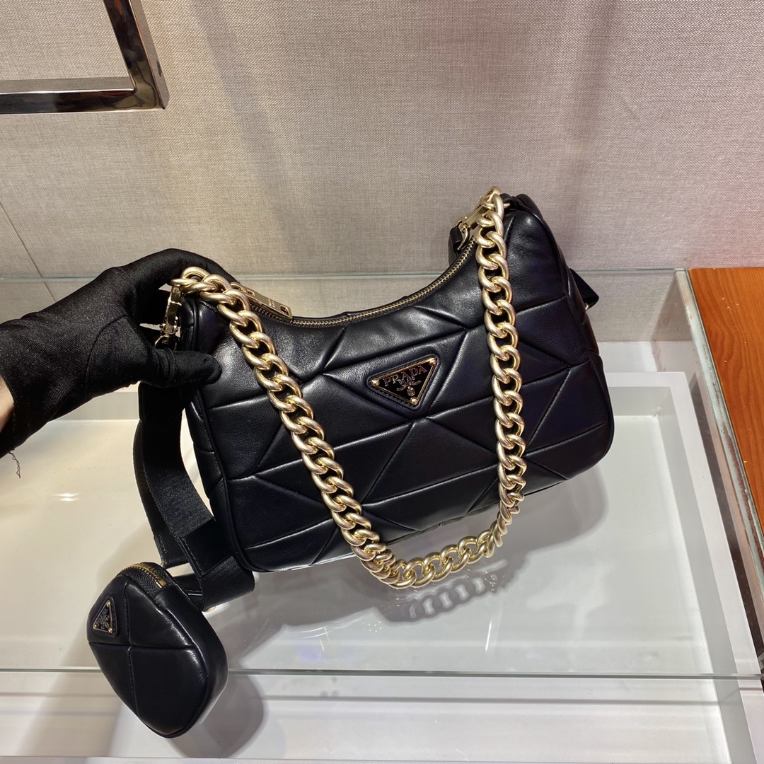 Pra*a system nappa leather patchwork shoulder bag black  1bc157 24 x 18.5 x 9 cm