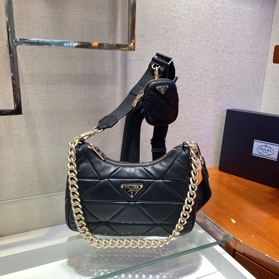 Pra*a system nappa leather patchwork shoulder bag black  1bc157 24 x 18.5 x 9 cm