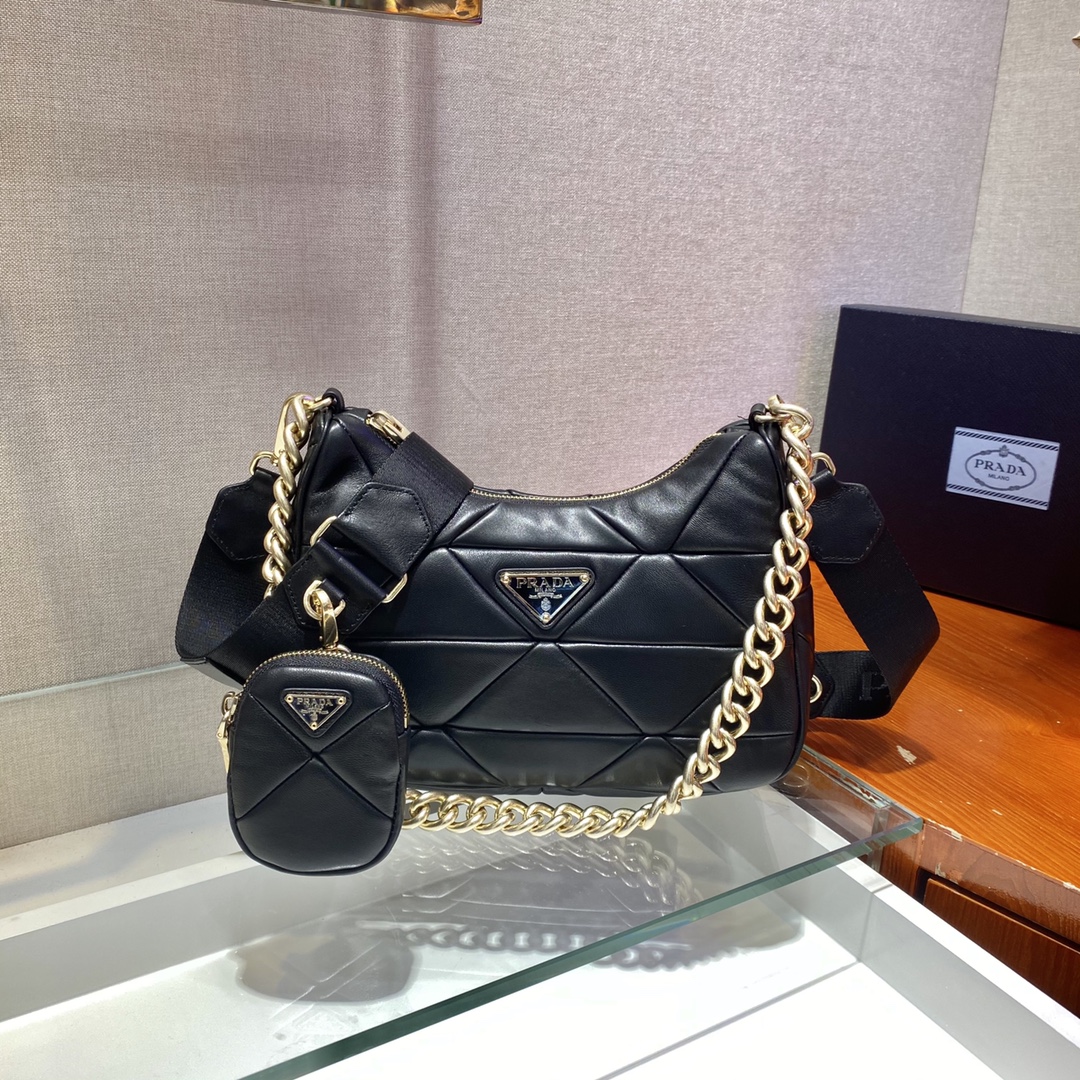 Pra*a system nappa leather patchwork shoulder bag black  1bc157 24 x 18.5 x 9 cm