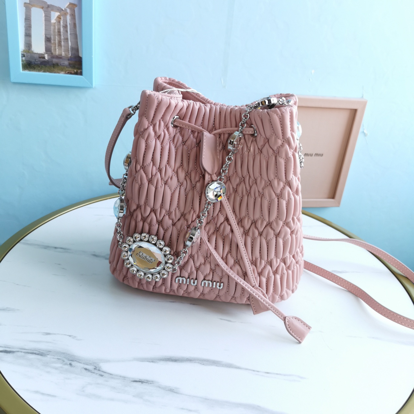 M1um1u crystal cloquÉ nappa leather bucket bag pink 5be050 20 x 12 x 21 cm
