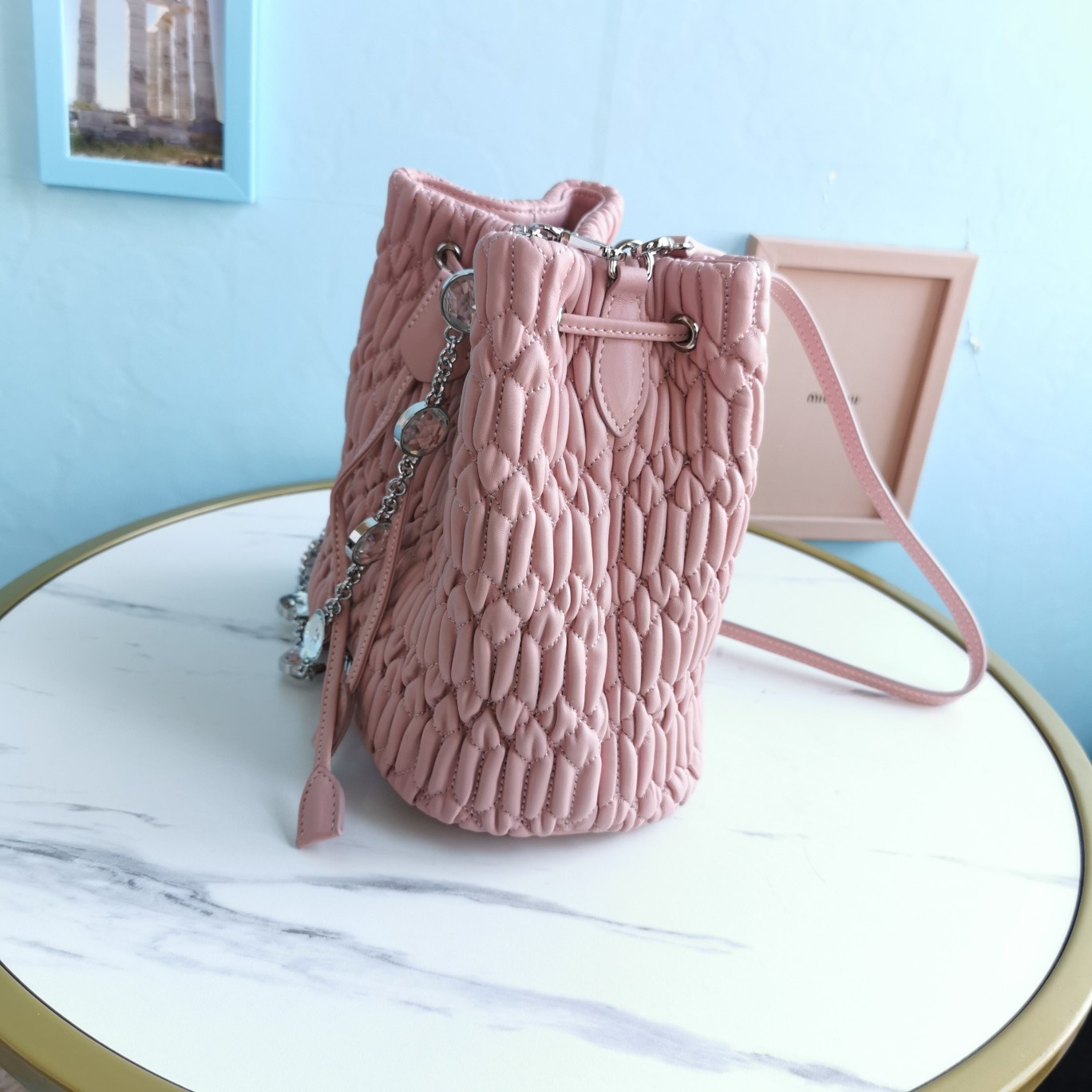 M1um1u crystal cloquÉ nappa leather bucket bag pink 5be050 20 x 12 x 21 cm