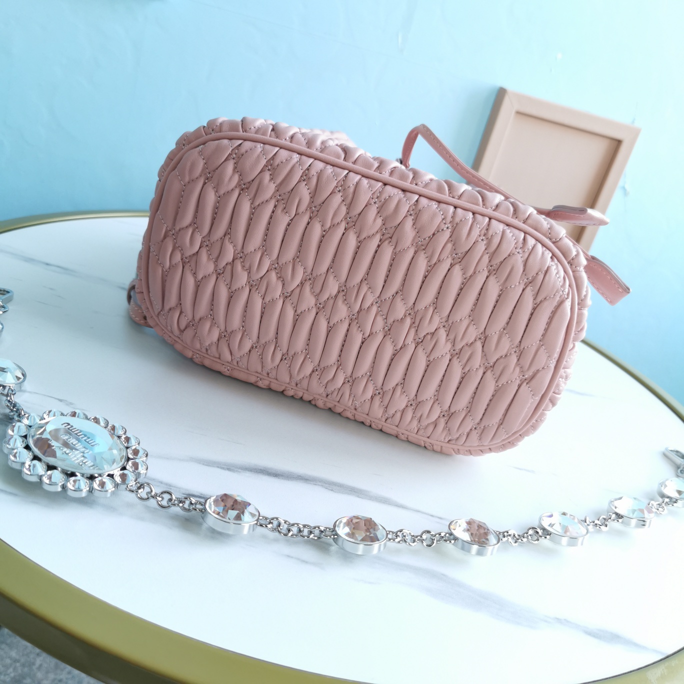 M1um1u crystal cloquÉ nappa leather bucket bag pink 5be050 20 x 12 x 21 cm