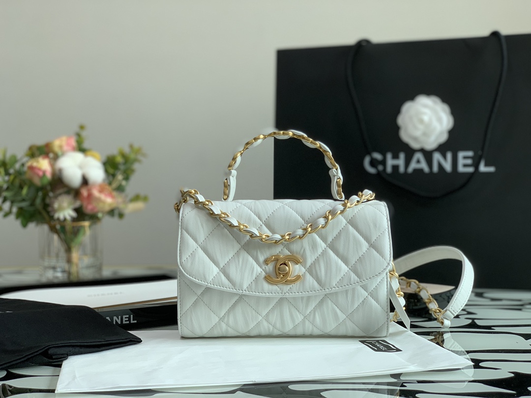 Ch**el small flap bag with top handle crumpled lambskin as2478 15 × 22.5 × 9.5 cm