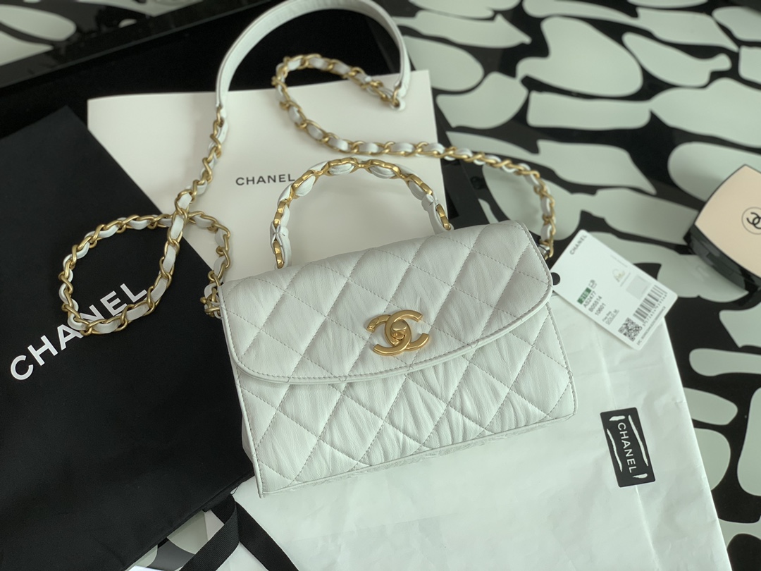 Ch**el small flap bag with top handle crumpled lambskin as2478 15 × 22.5 × 9.5 cm