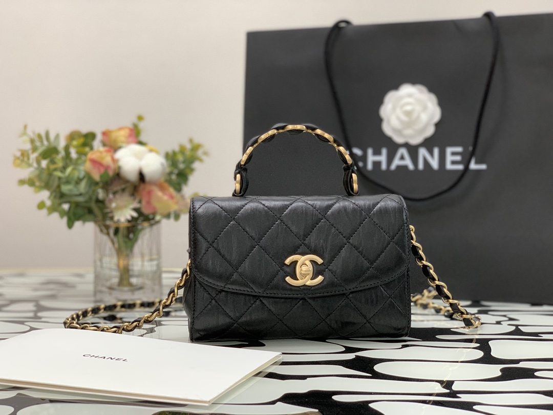 Ch**el small flap bag with top handle crumpled lambskin black as2478 15 × 22.5 × 9.5 cm