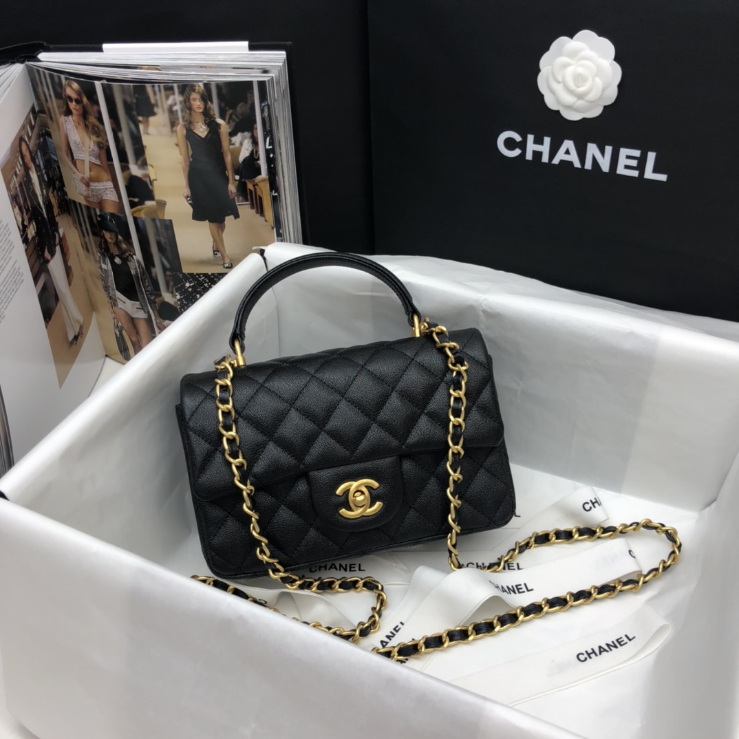 Ch**el mini flap bag with top handle grained calfskin & gold-tone metal black as2431 20 x 14 x 7 cm