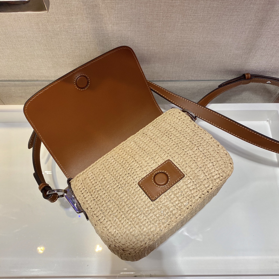 Pra*a raffia and leather shoulder bag beige cognac 1bd243 20 x 15 x 6.5 cm