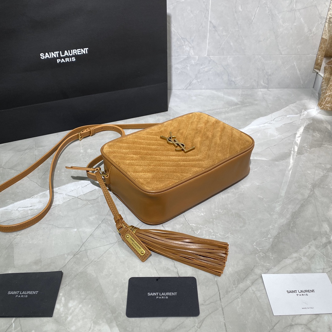 Y51 lou medium -logo quilted-suede crossbody bag brown 520534 23 x 16 x 6 cm