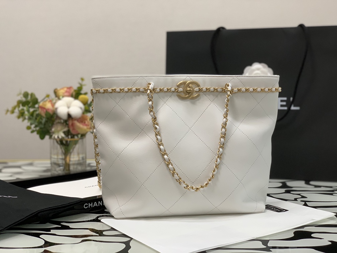 Ch**el small shopping bag calfskin & gold-tone metal white as2374 24 x 31 x 7 cm