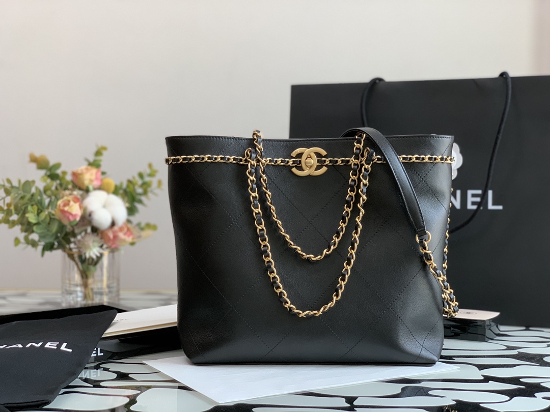 Ch**el small shopping bag calfskin & gold-tone metal black as2374 24 × 31 × 7 cm