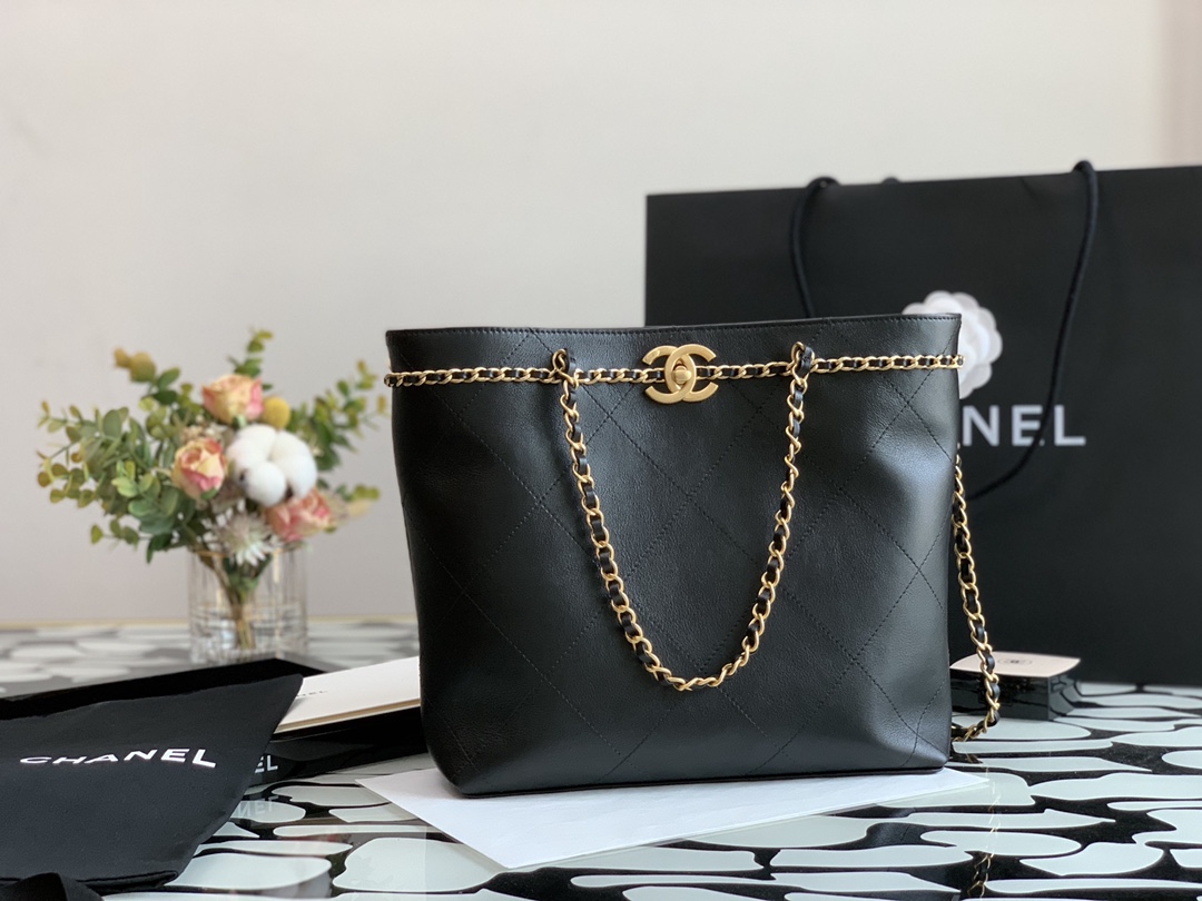 Ch**el small shopping bag calfskin & gold-tone metal black as2374 24 × 31 × 7 cm