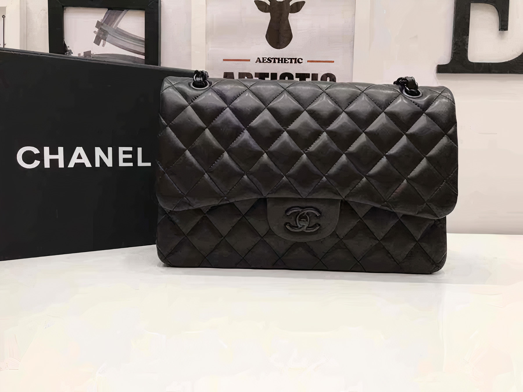 Ch**el cf caviar lambskin leather black 25cm