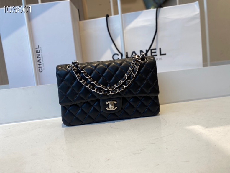 Ch**el flap bag black & silver chain a01112 25cm