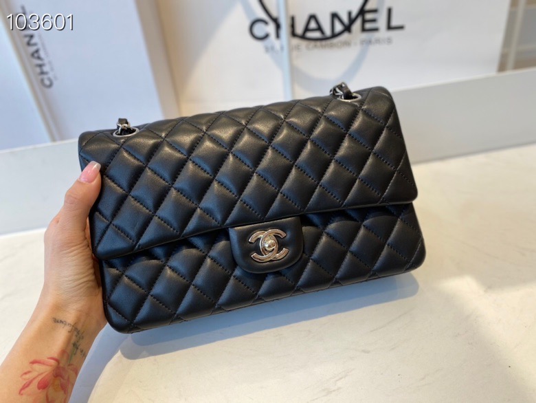 Ch**el flap bag black & silver chain a01112 25cm
