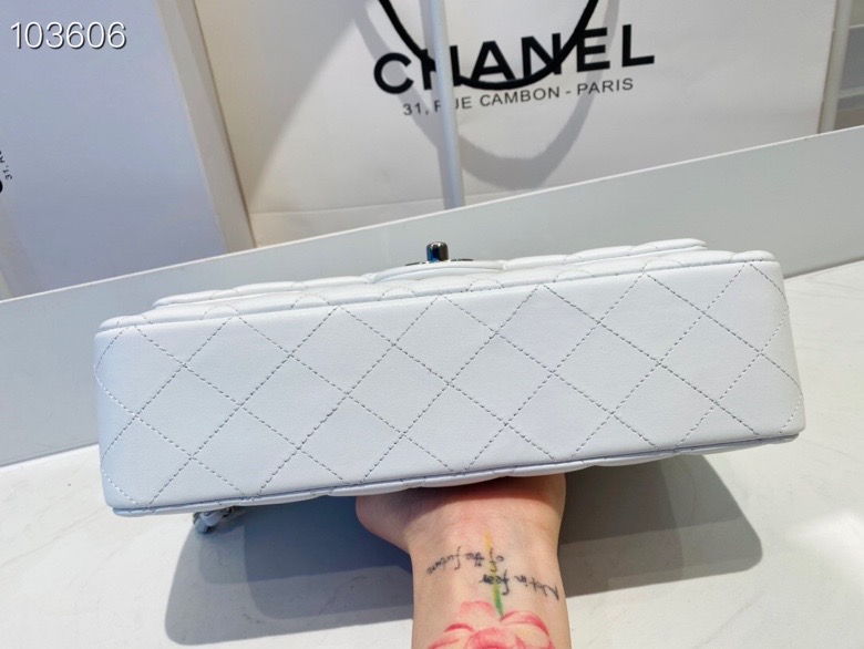 Ch**el flap bag white & silver chain a01112 25cm