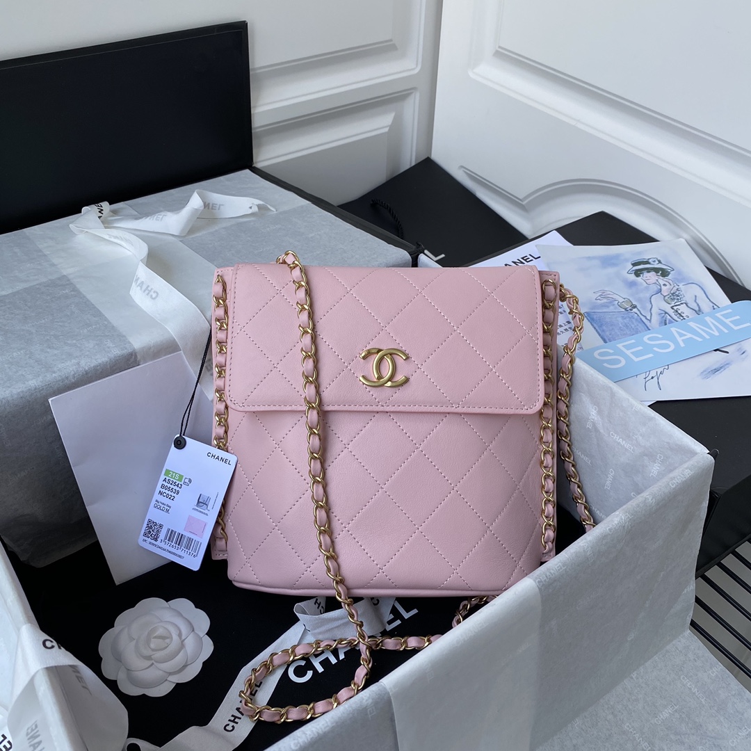 Ch**el large hobo bag calfskin & gold-tone metal pink as2543 23 x 25.5 x 8 cm
