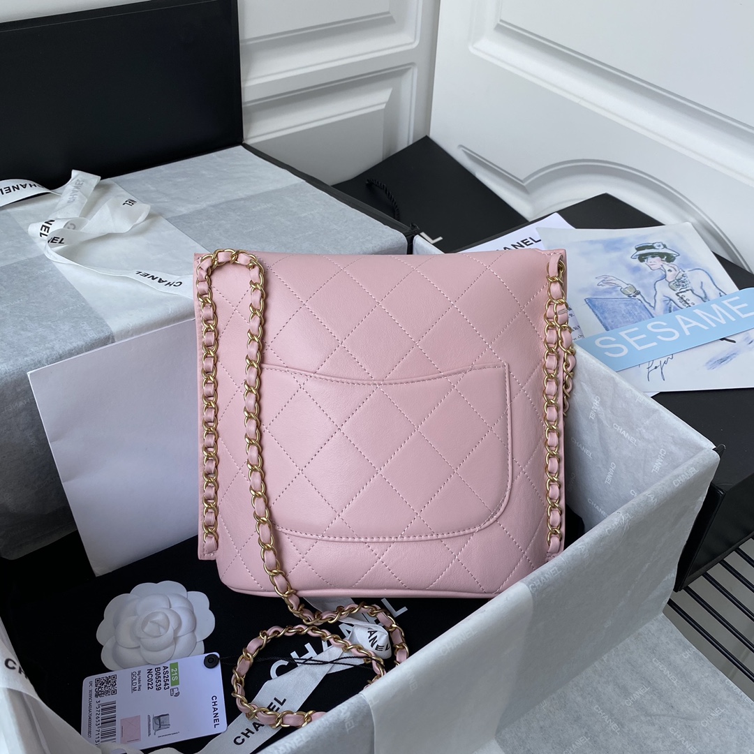 Ch**el large hobo bag calfskin & gold-tone metal pink as2543 23 x 25.5 x 8 cm