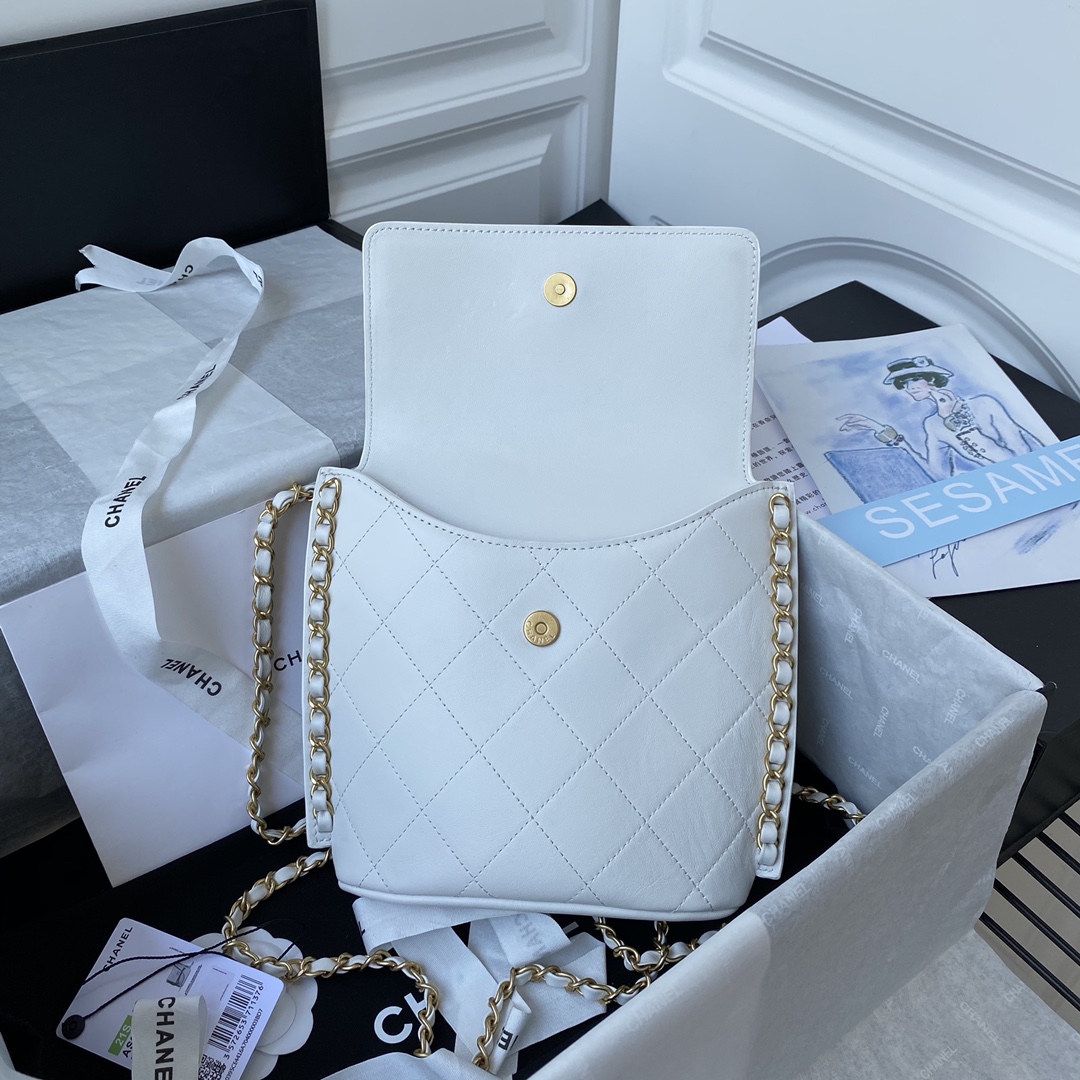 Ch**el small hobo bag calfskin & gold-tone metal white as2542 19 x 23 x 7 cm