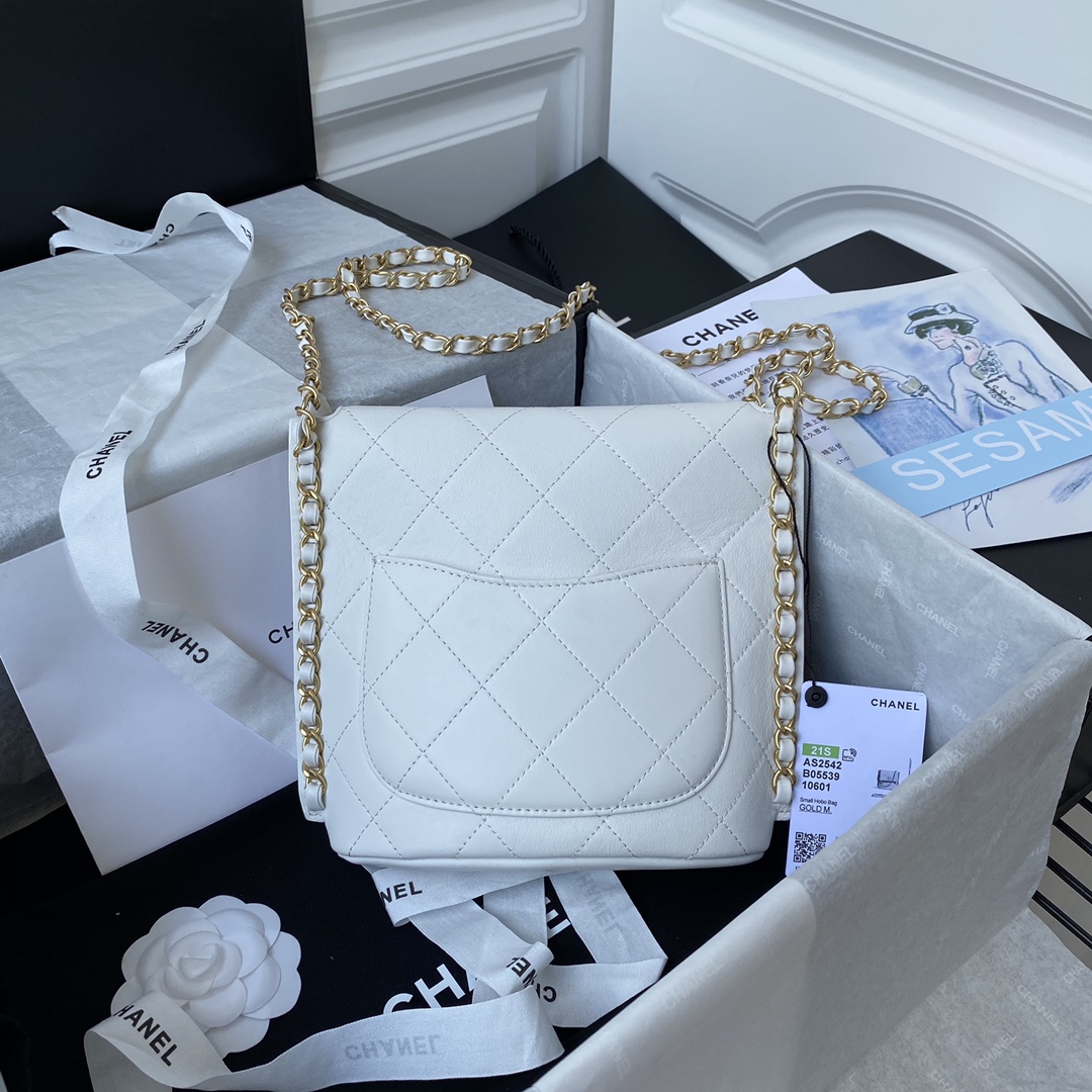 Ch**el small hobo bag calfskin & gold-tone metal white as2542 19 x 23 x 7 cm