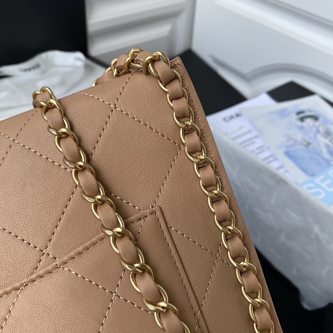 Ch**el small hobo bag calfskin & gold-tone metal beige as2542 19 x 23 x 7 cm