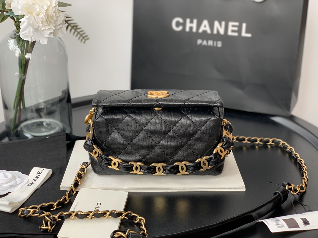 Ch**el small hobo bag crumpled lambskin & gold-tone metal black as2479 13 x 19 x 7 cm