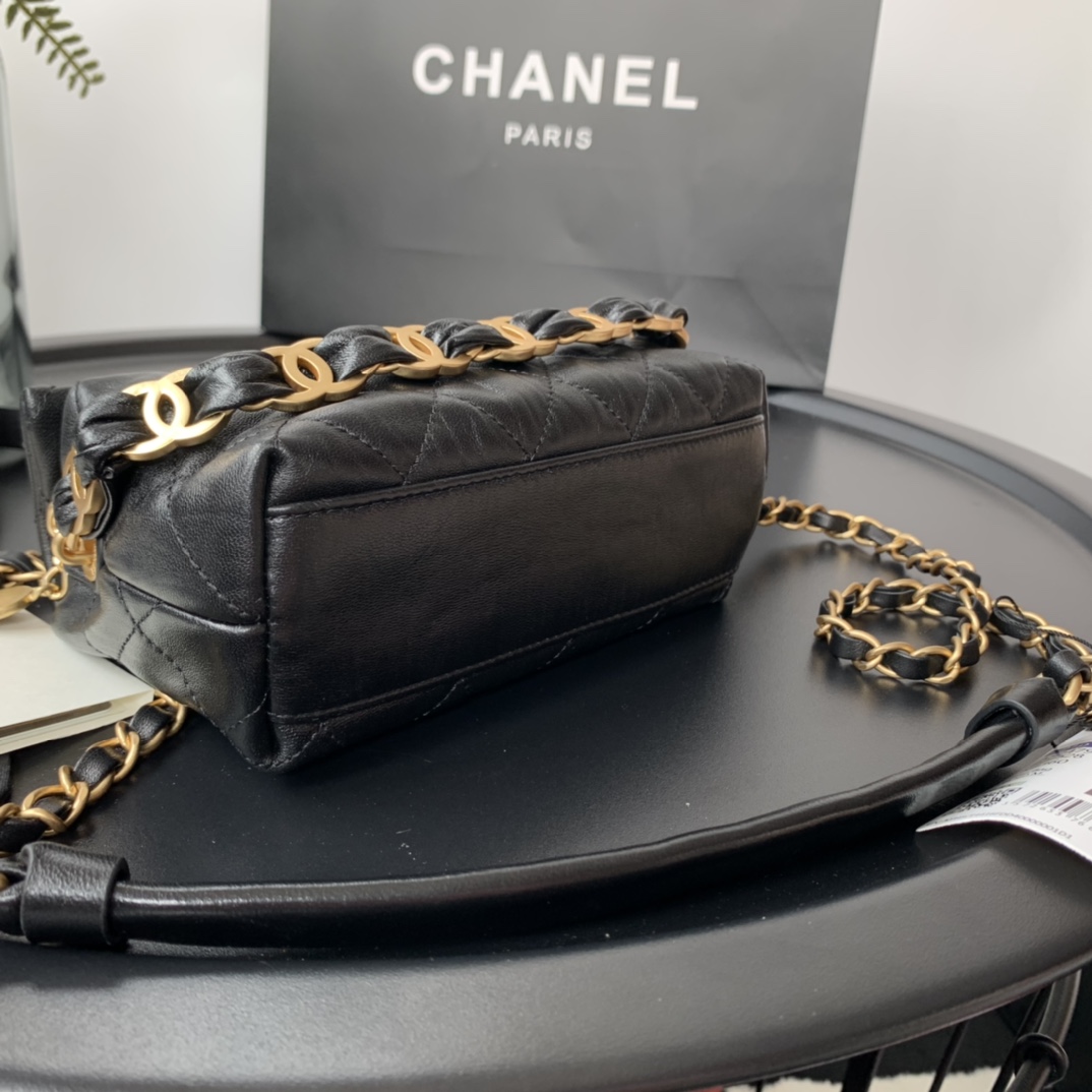 Ch**el small hobo bag crumpled lambskin & gold-tone metal black as2479 13 x 19 x 7 cm