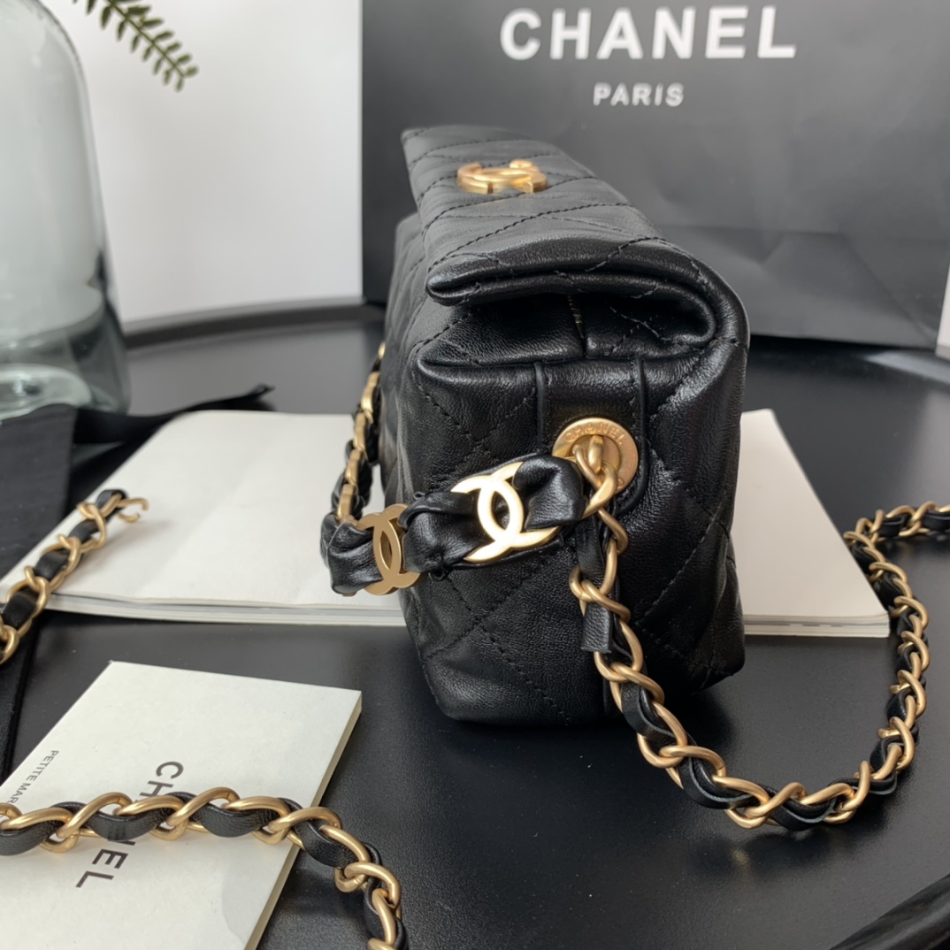 Ch**el small hobo bag crumpled lambskin & gold-tone metal black as2479 13 x 19 x 7 cm