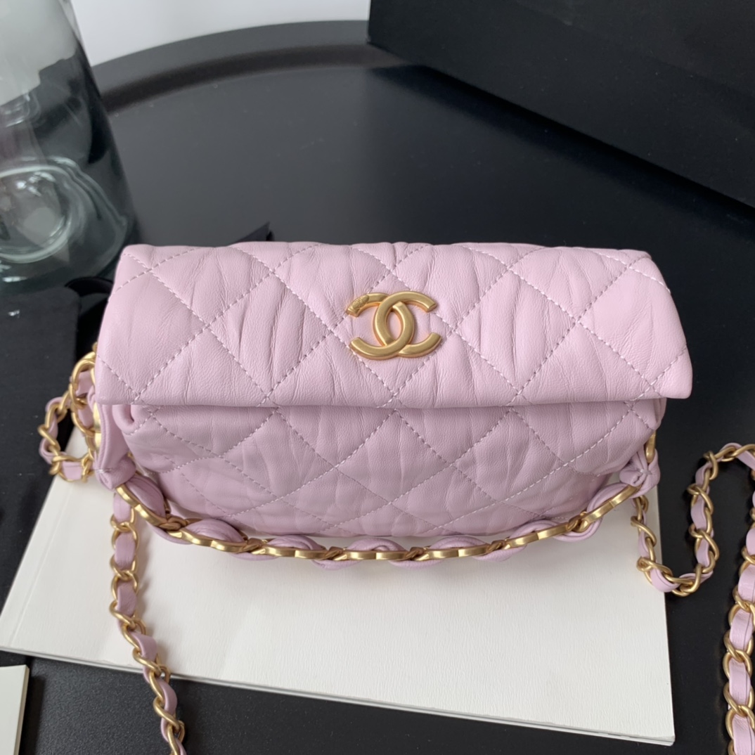 Ch**el small hobo bag crumpled lambskin & gold-tone metal pink as2479 13 x 19 x 7 cm