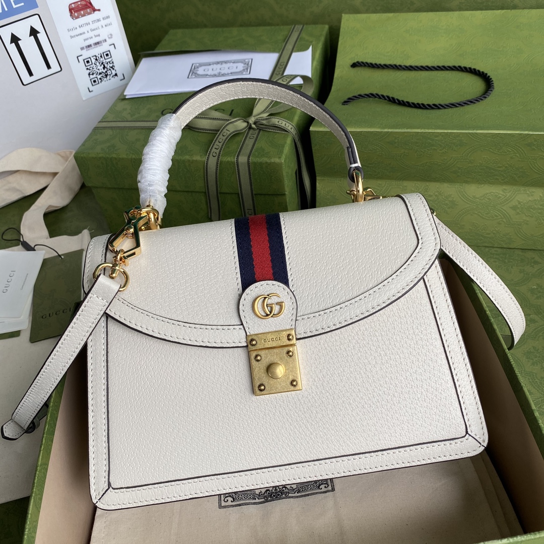 Gvc*1 ophidia small top handle bag with web white leather 651055 25 x 17.5 x 7 cm