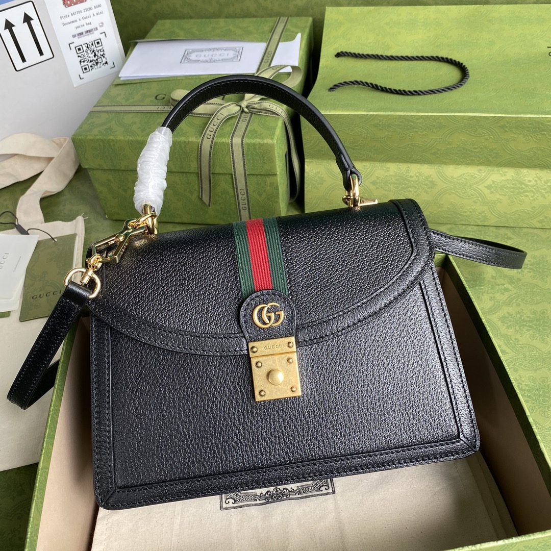Gvc*1 ophidia small top handle bag with web black leather 651055 25 x 17.5 x 7 cm