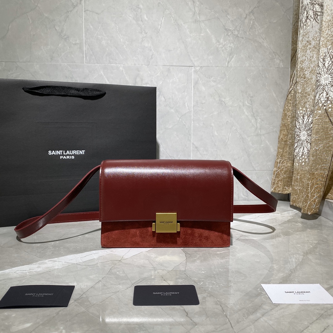 y51 medium bellechasse in leather adn suede burgundy and G01den 482044 24 x 16 x 7 cm