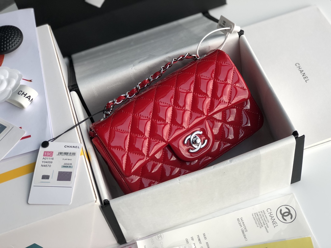 Ch**el cf mini patent calfskin & silver metal red bag 20cm