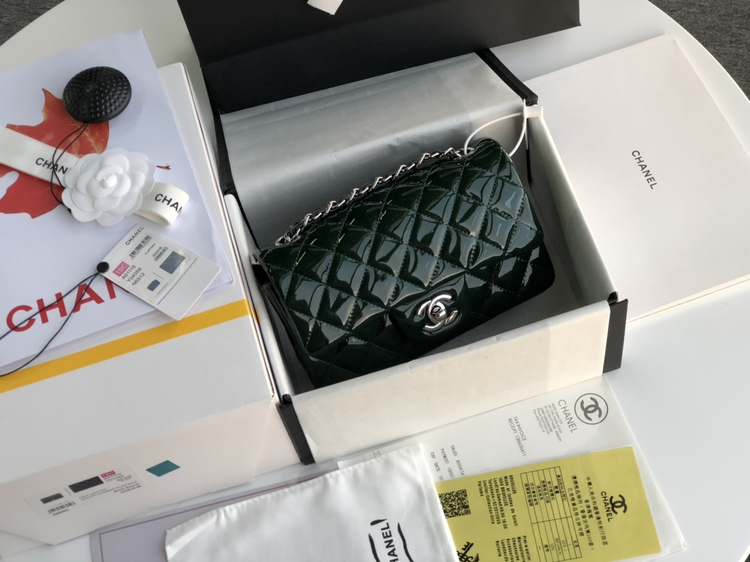 Ch**el cf mini patent calfskin & silver metal forest bag 20cm