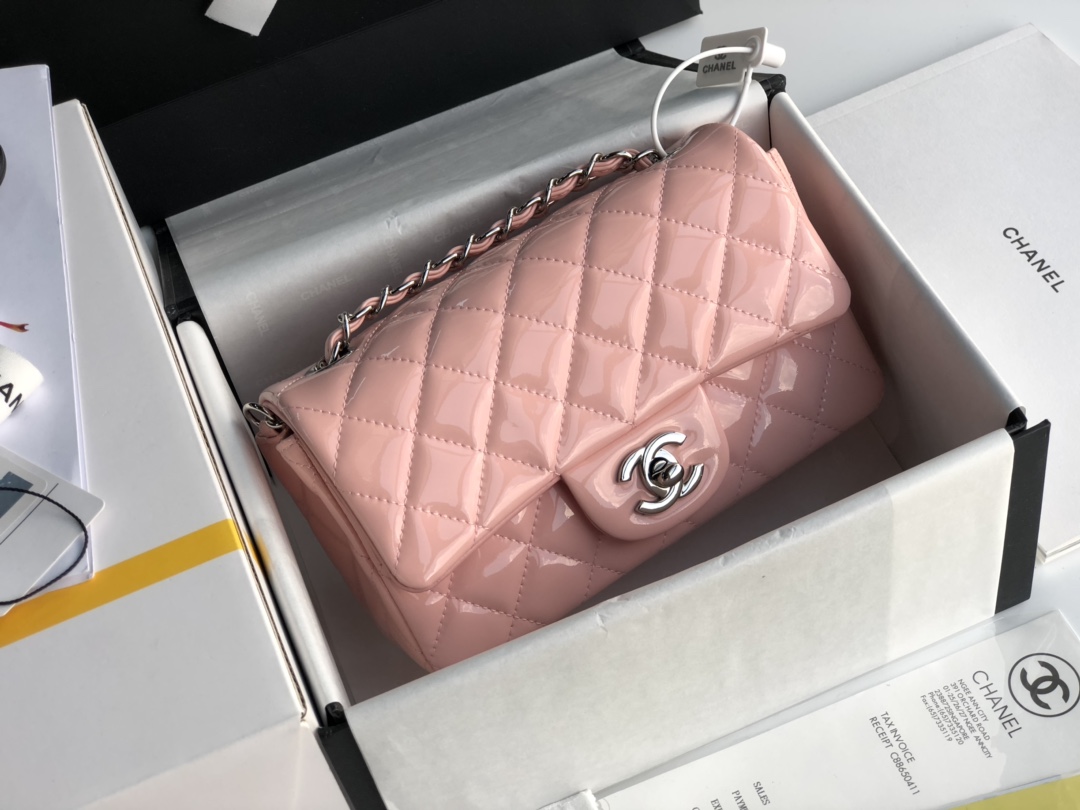 Ch**el cf mini patent calfskin & silver metal rose pink bag 20cm