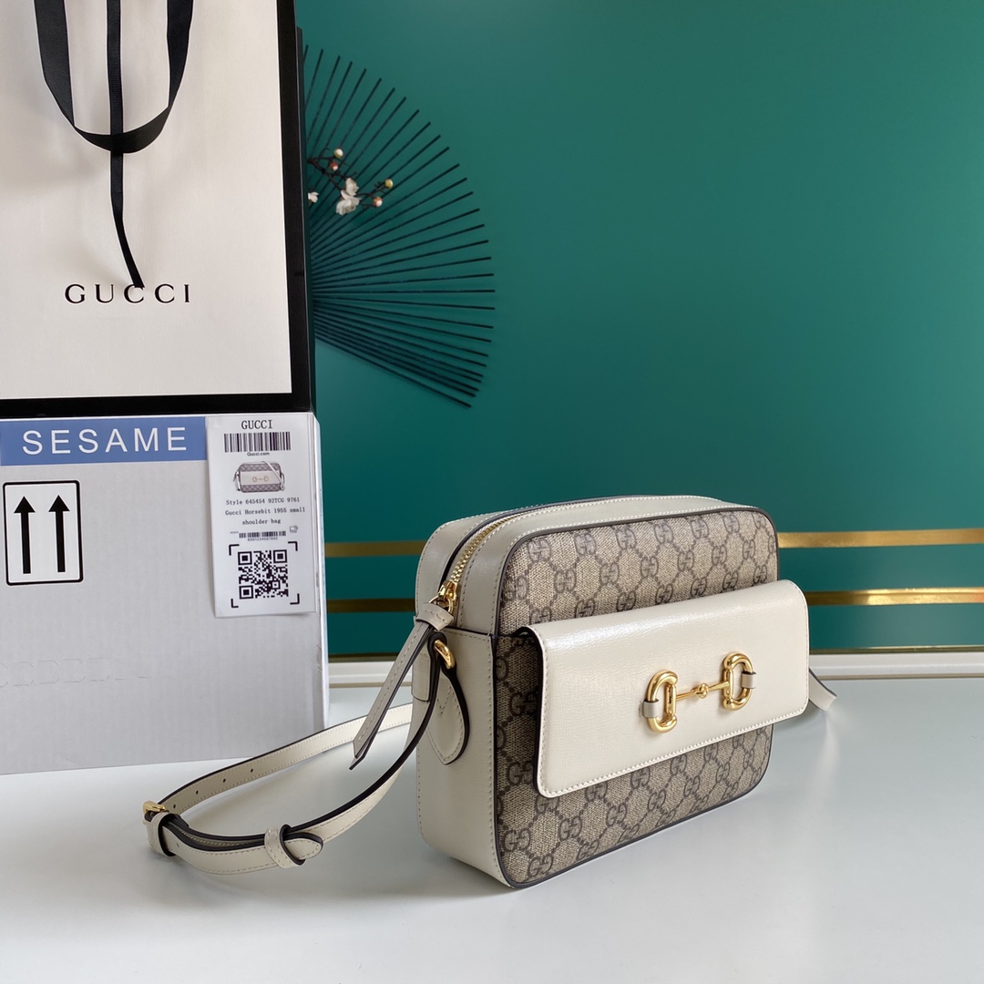 Gvc*1 horsebit 1955 small shoulder bag white and ebony 645454 22.5 x 17 x 6.5 cm