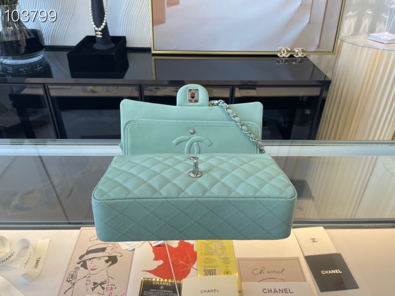 Ch**el classic handbag grained calfskin & silver-tone metal seafoam a01112 15.5 × 25.5 × 6.5 cm