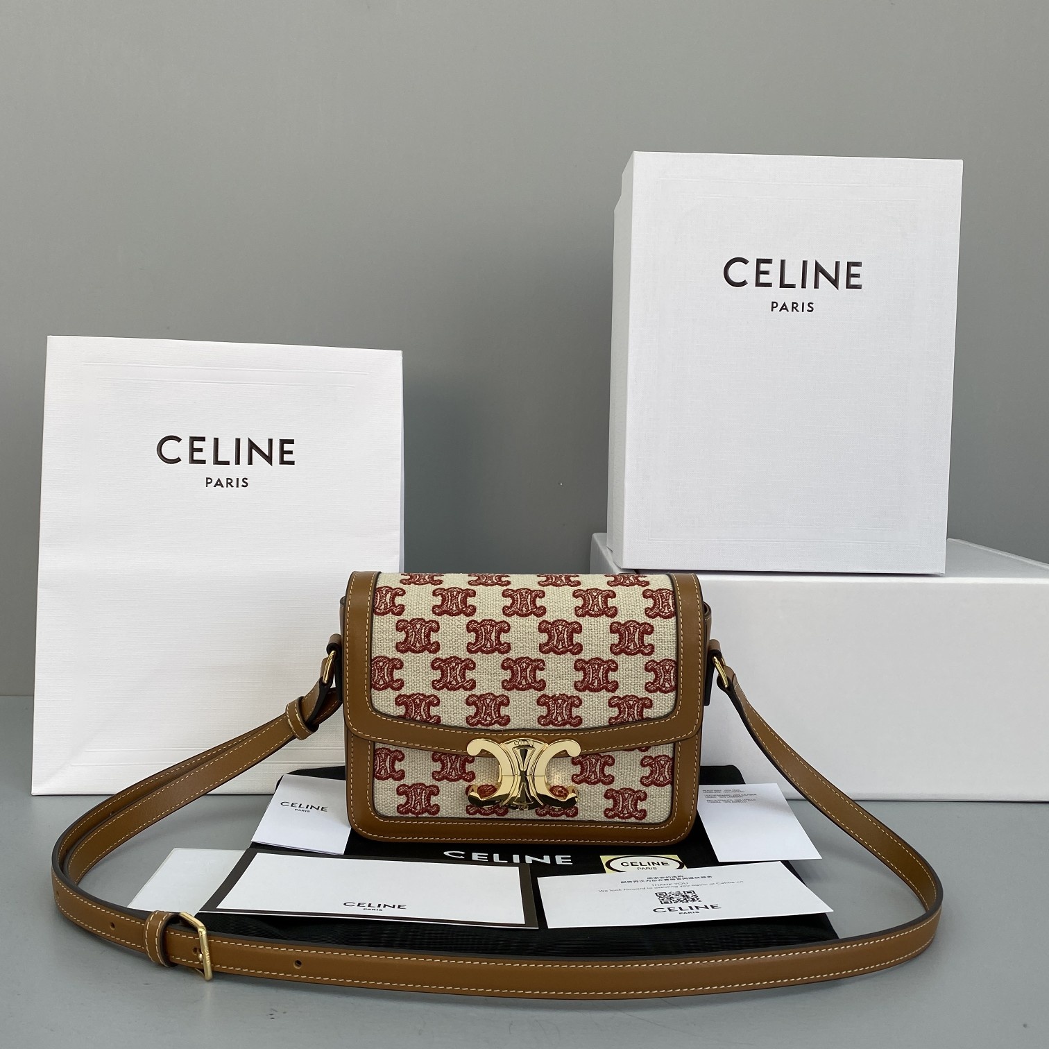Ce1i*e teen triomphe bag in textile with triomphe embroidery and calfskin vintage pink 188882 18 x 14 x 6 cm