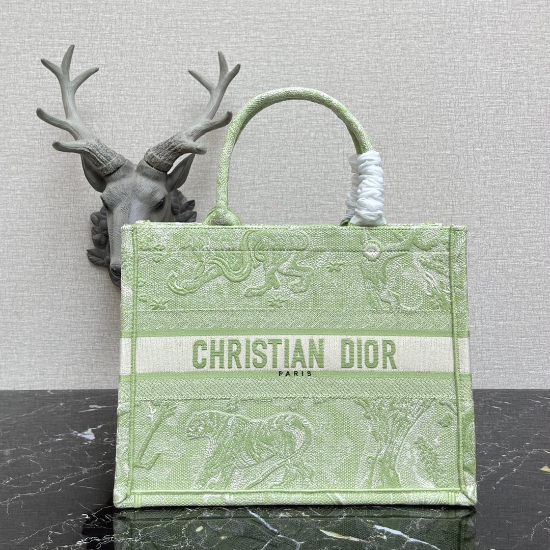 D10r large book tote fluorescent green toile de jouy embroidery m1286 41.5 x 38 x 18 cm