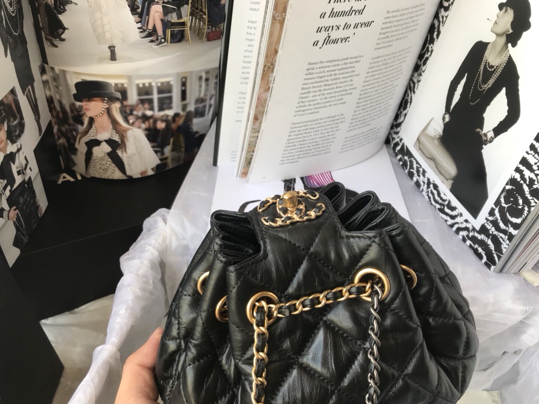 Ch**el mini drawstring bag in black as1802 20 x 17 x 10 cm