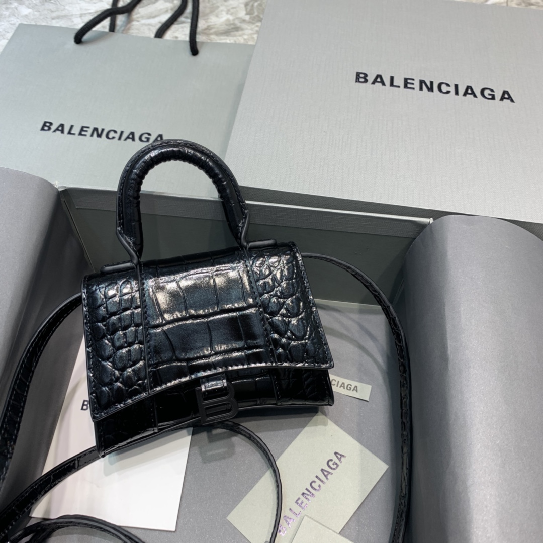 Ba1en*iaga women's hourglass mini top handle bag in crocodile leather black 11.5 x 14 x 4.5 cm