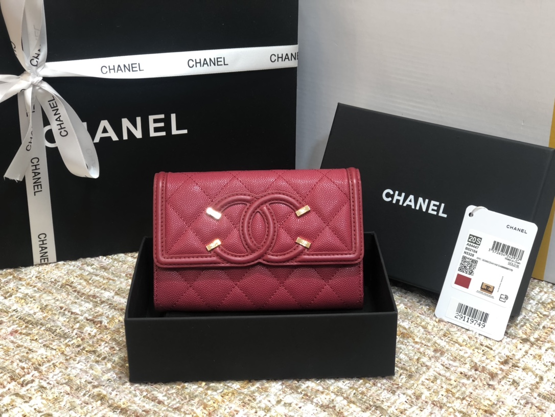 Ch**el wallet cc grain leather burgundy 84447 15 cm
