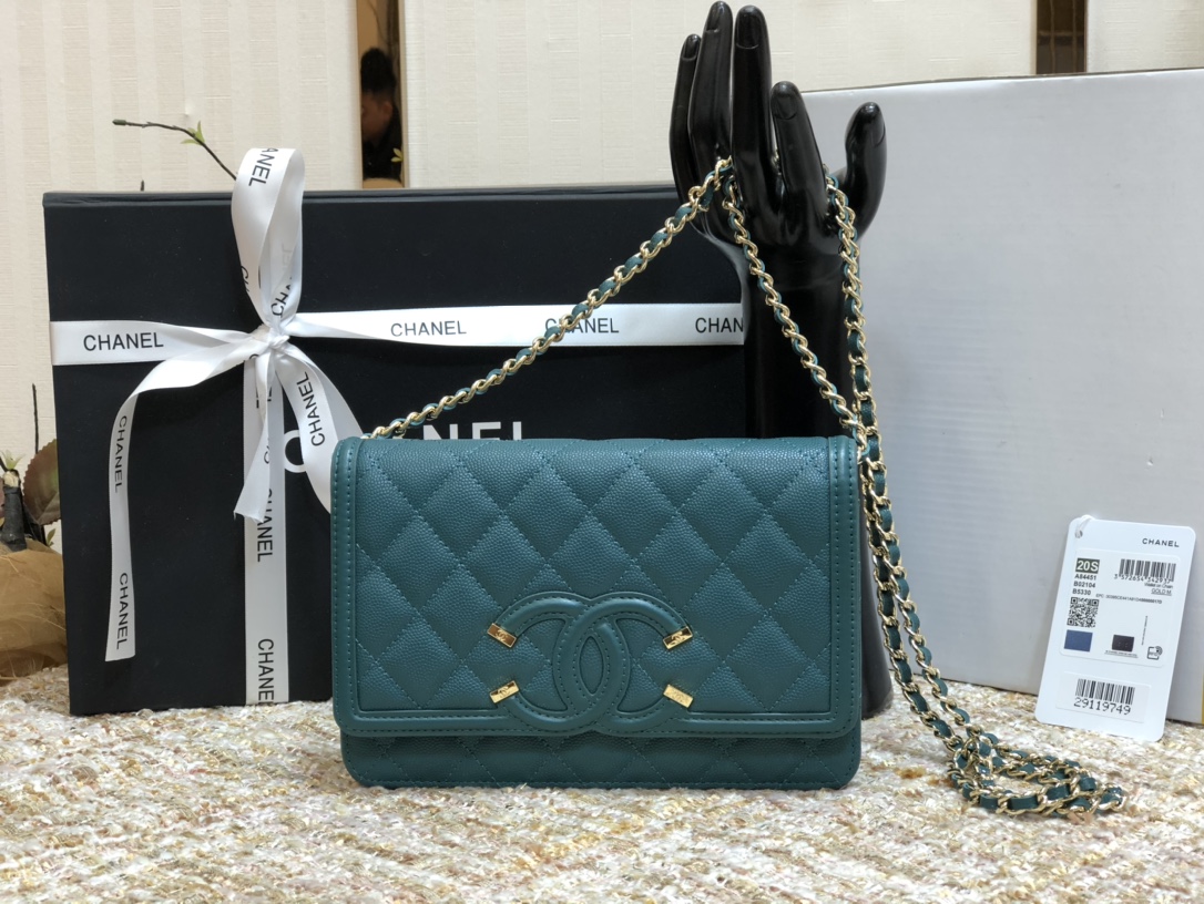 Ch**el cc filigree woc grain leather midnight a84451 19.5 × 3.5 × 12 cm