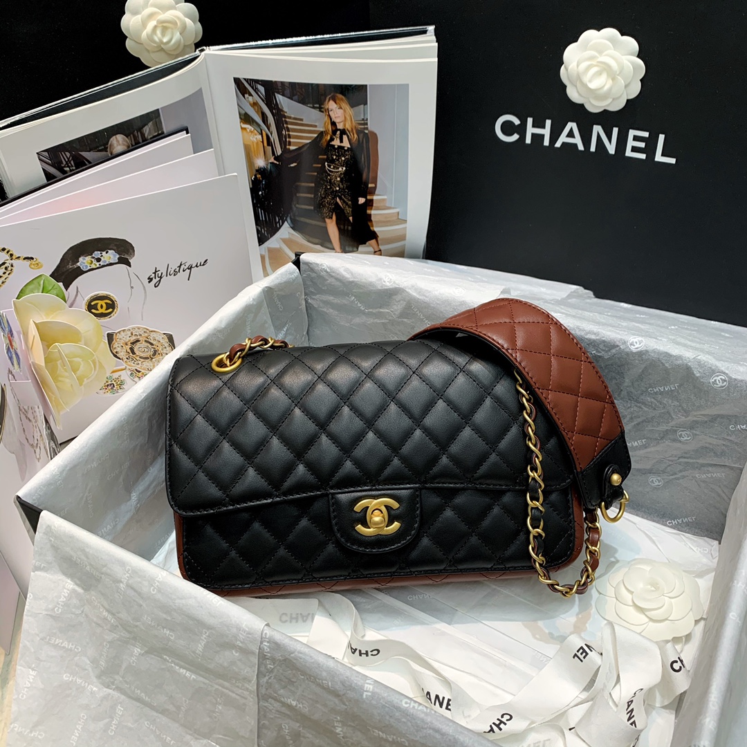 Ch**el small strap into strap bag black and burgundy as2229 25 x 8 x 15 cm