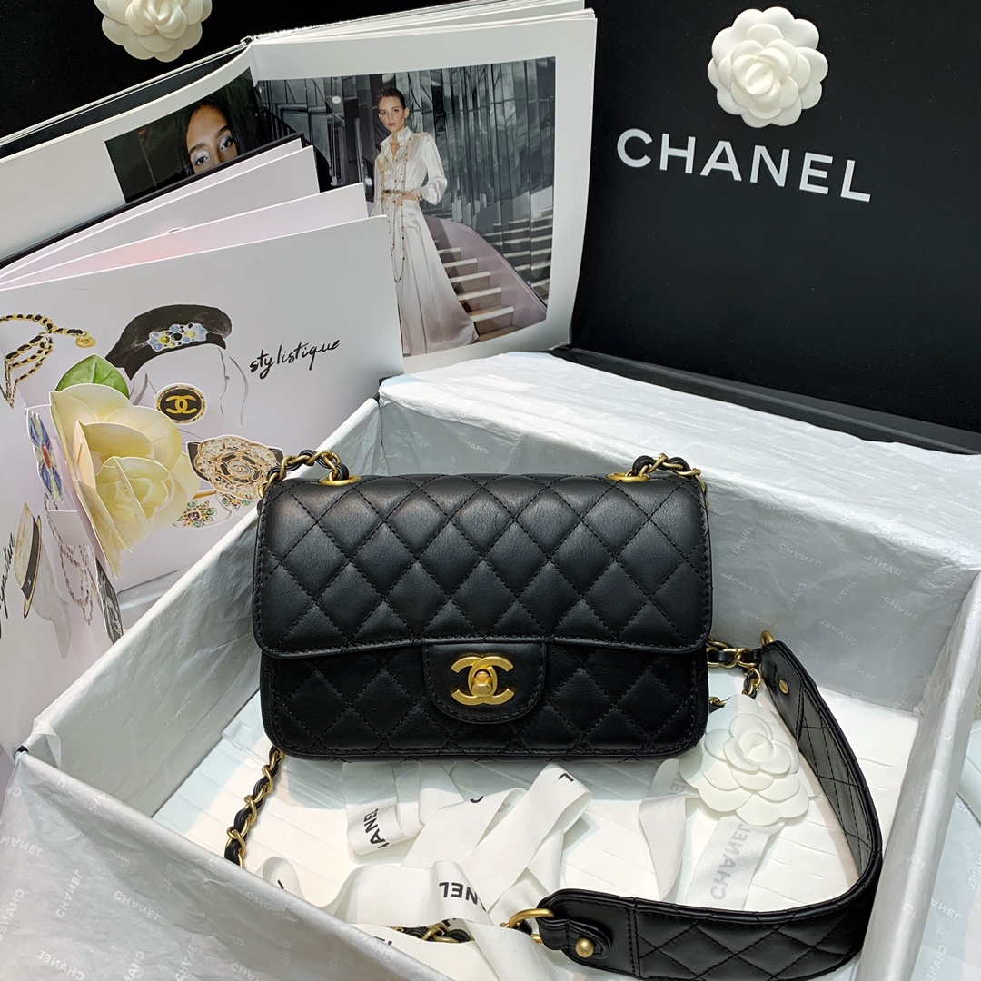 Ch**el mini strap into strap bag black as2228 21.5 6.5 13cm