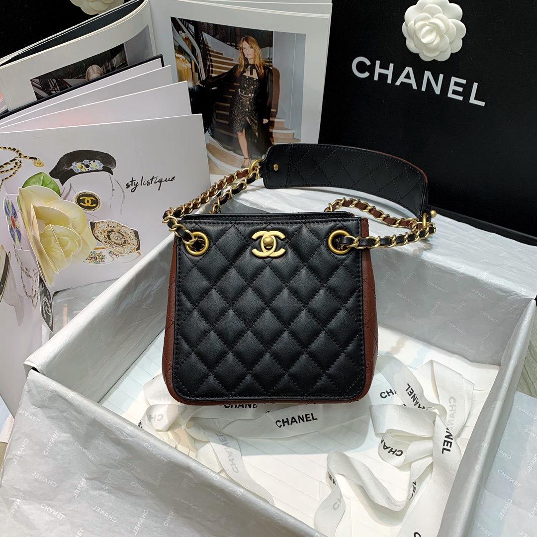 Ch**el strap into bucket bag black and burgundy as2230 15.5 x 15 x 12.5 cm