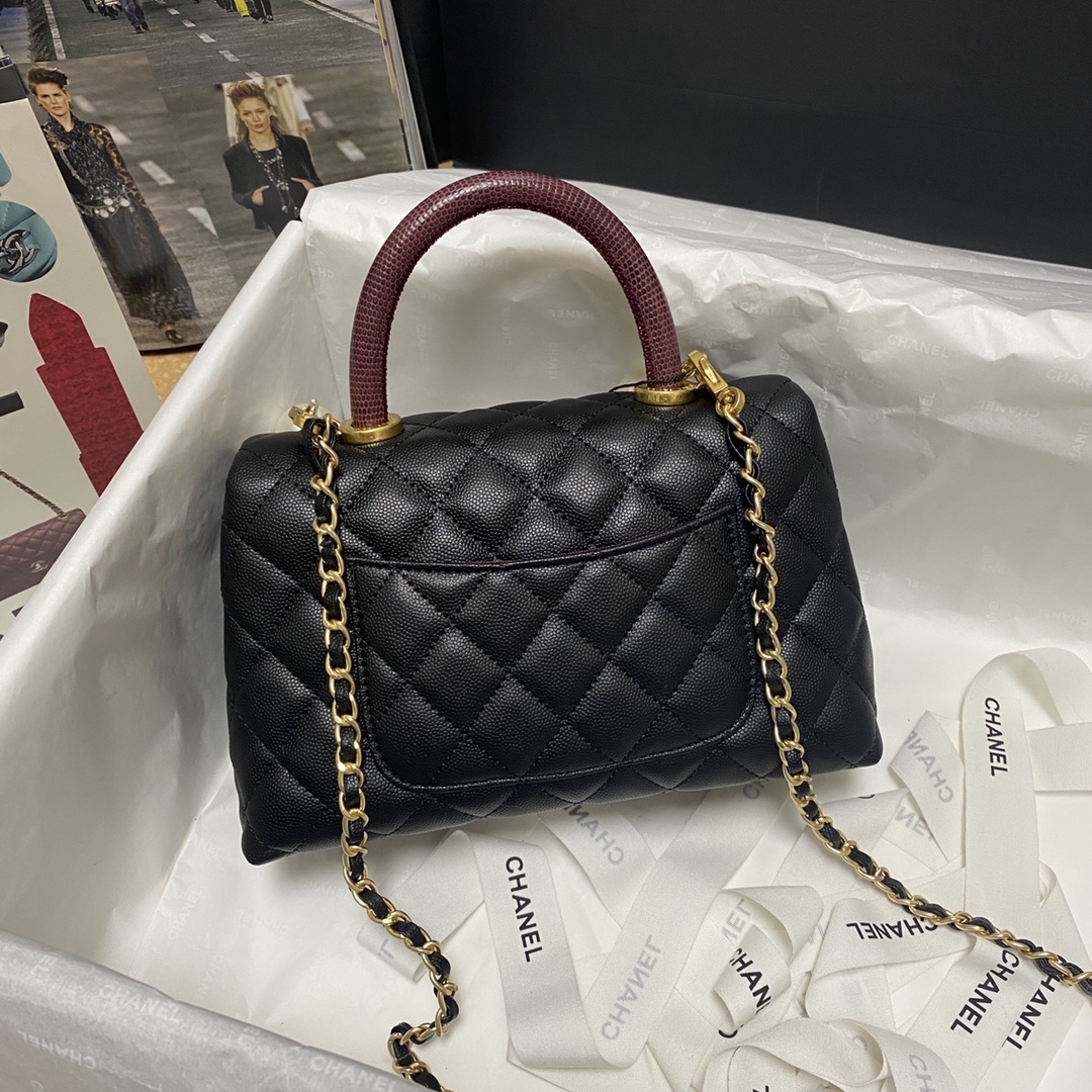 Ch**el flap bag with black top handle grained calfskin gold metal black and burgundy a92990 23 cm