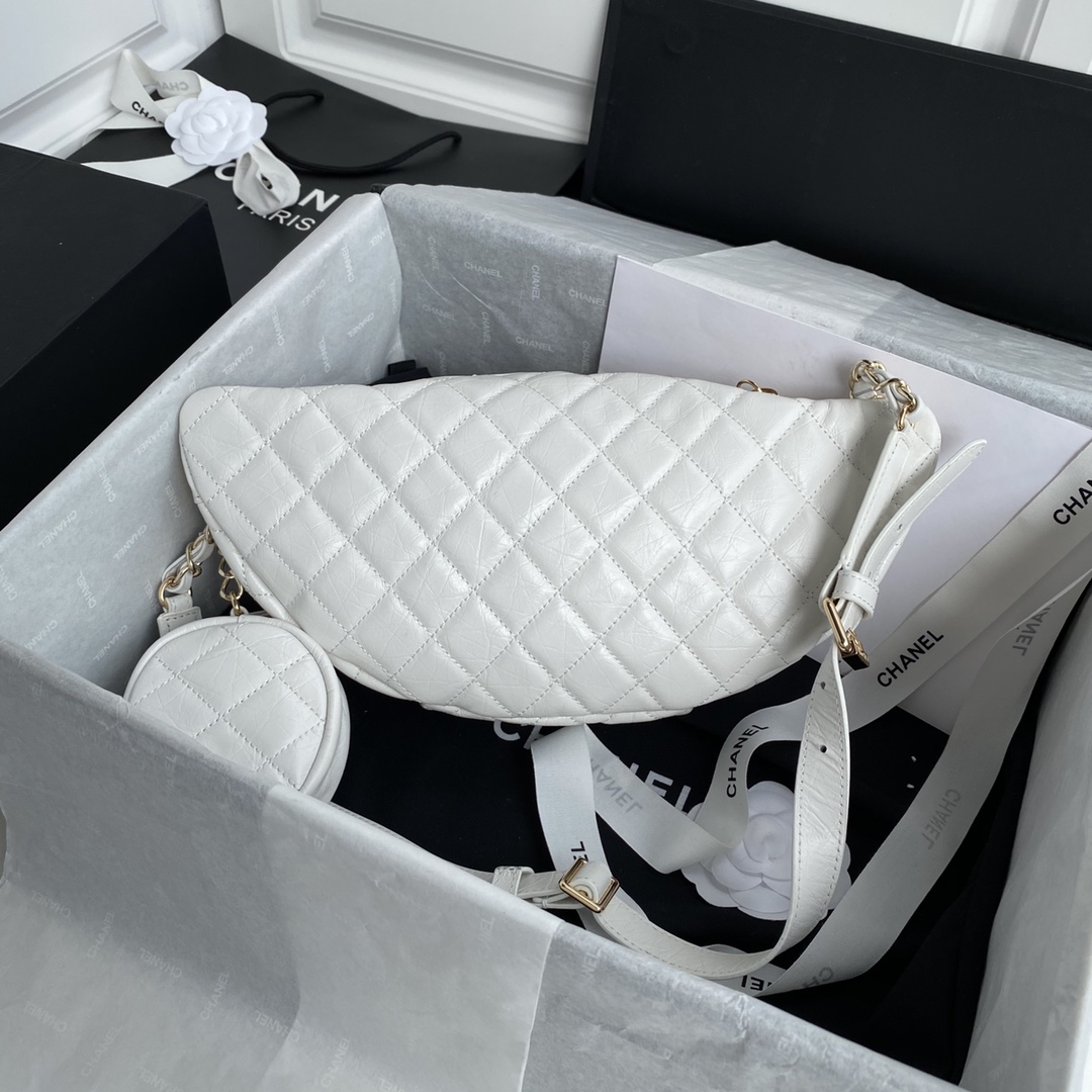 Ch**el aged calfskin waist bag & coin purses white as1077 34 x 15 x 6 cm